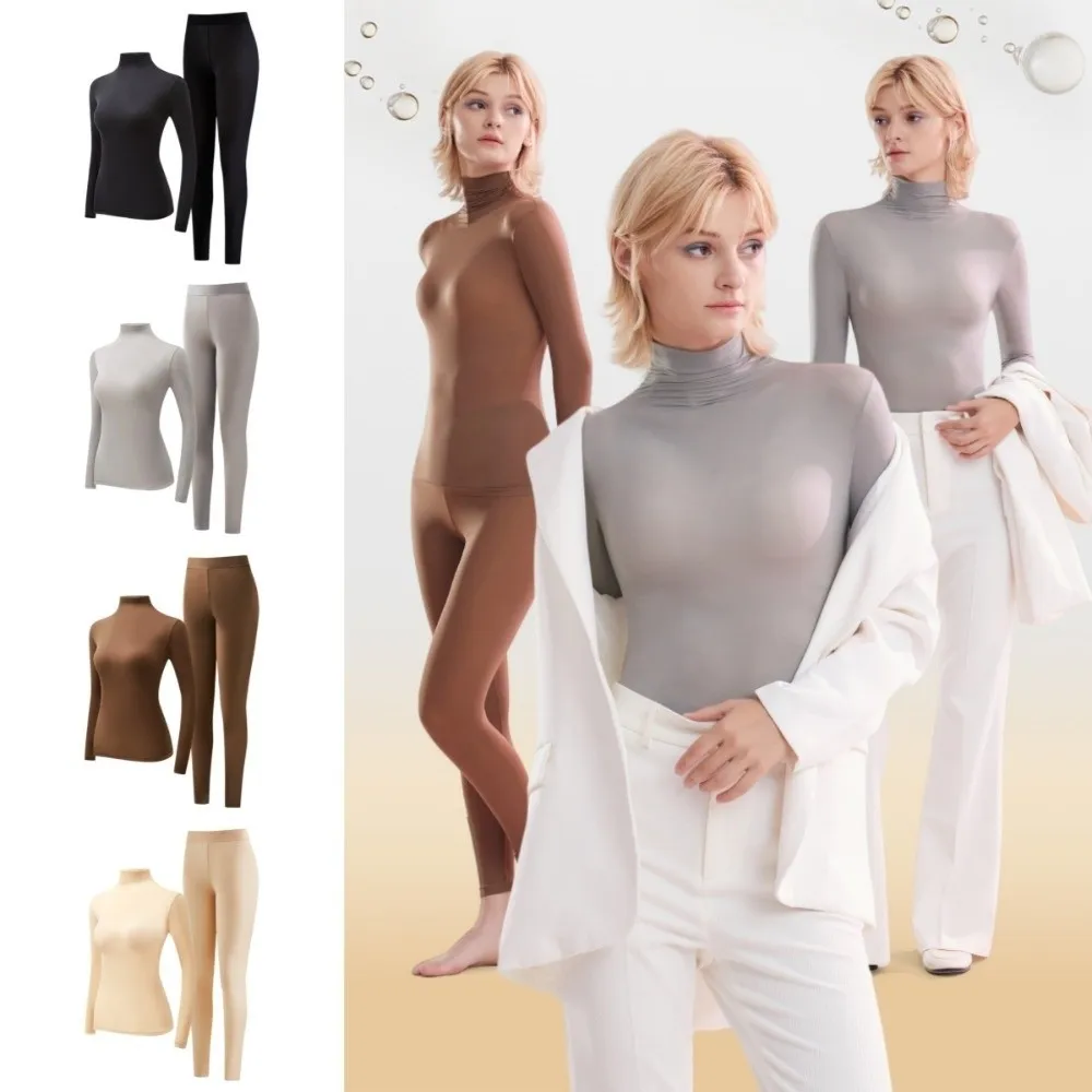 Tops and Pants Set Women Thermal Clothes High Neck Feel Heating Thermal Underwear Lingerie Ultra-thin Invisible