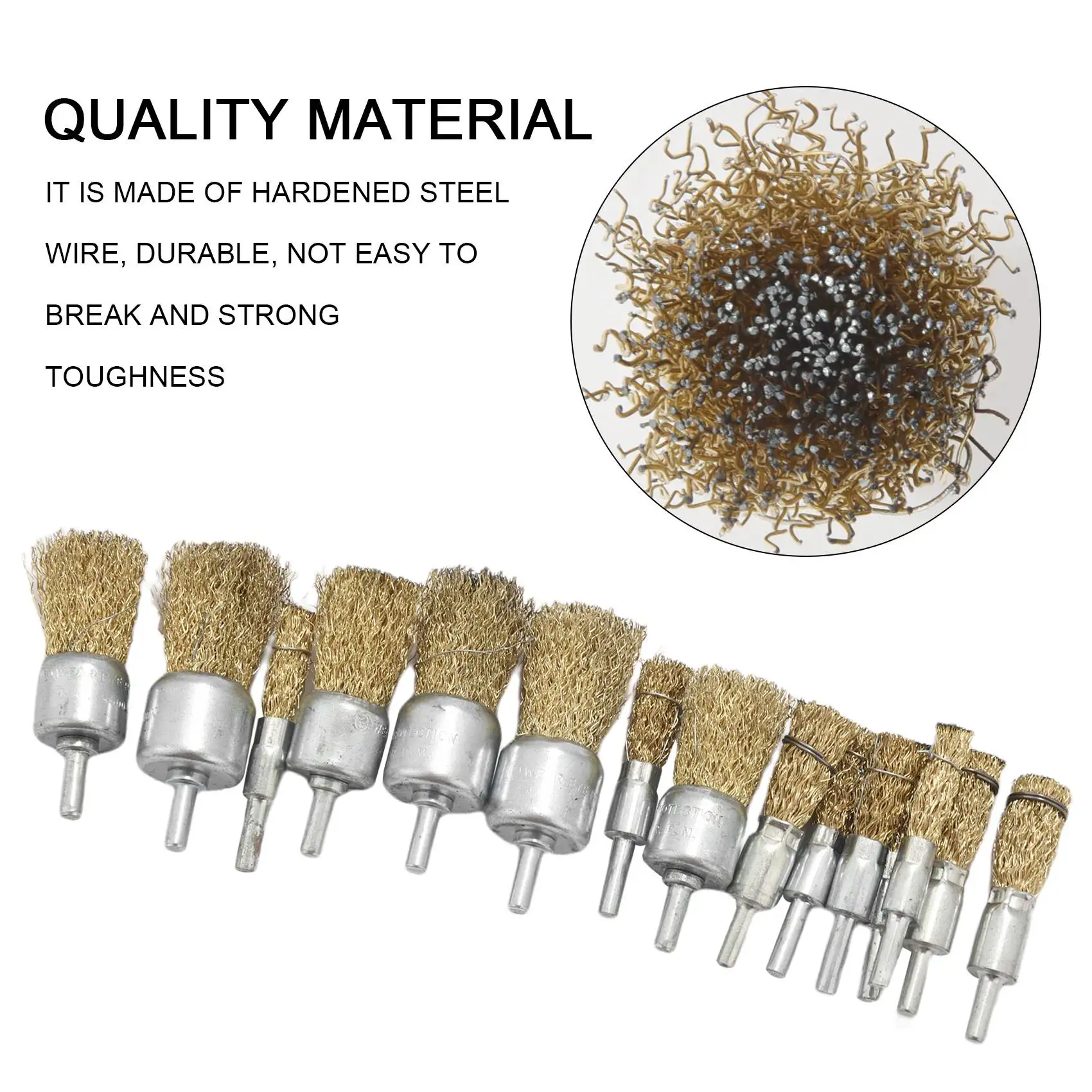 15 Pack Wire Wheel Cup Brush Set with 1/4 Inch Round Shank, 5 Sizes Brass Coated Wire Drill Brush for Paint Removal