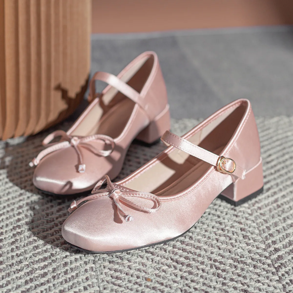 Women/girl's Pink Silk pumps sweet bowtie mary janes shoes woman square toe silk tacones ballerina shoes med-hgh heels bow shoes