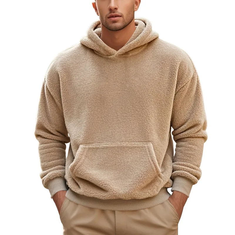 

2024 new men's autumn and winter double-sided velvet hooded pullover casual loose sweatshirt for men