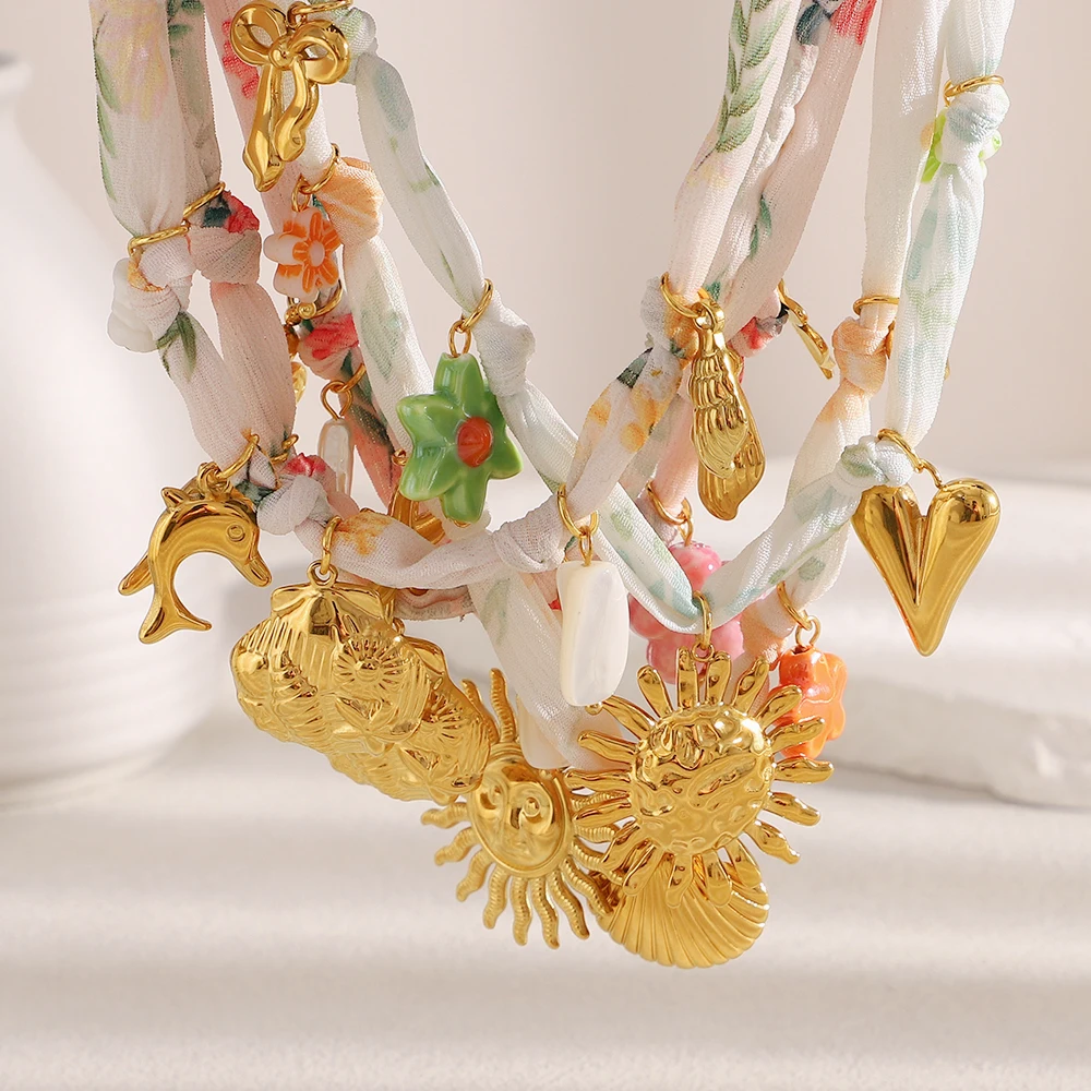 E.B.belle New Fashion 18K Gold Plated Ribbon Flower Starfish Fossil Shell Sun Pendant Necklace Stainless Steel Neck Jewerly