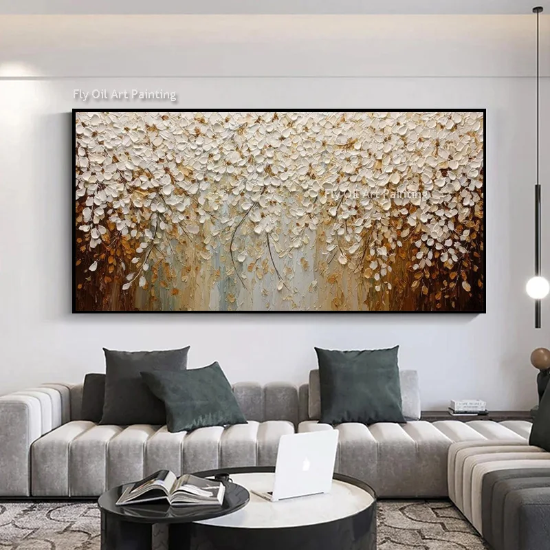 البني والأبيض الزهور الصغيرة جدار الفن سكين سميكة النفط Pianting اليدوية تصميم عصري بسيط أصفر بيج الأزهار ديكور فني