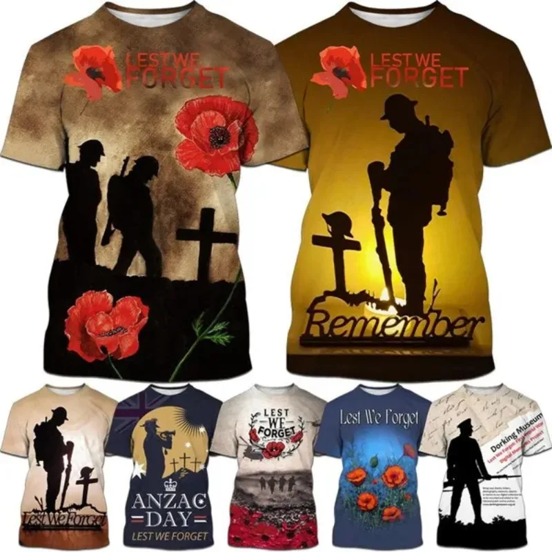 

3d Printed Anzac Australia and New Zealand and Maori Manaia Poppy Fern Lest We Forget Short Sleeve Retro T-shirt