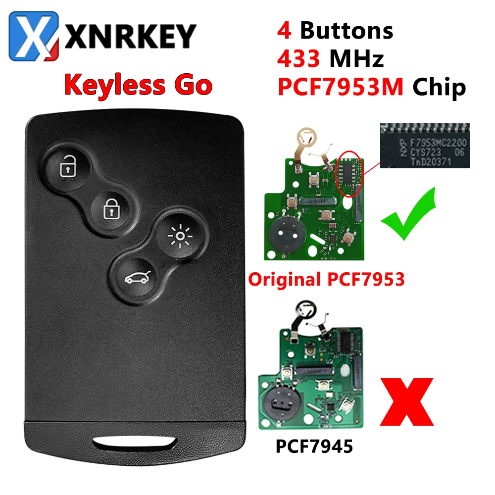 

XNRKEY 4B Smart Card Car Key PCF7953/4A Chip 433Mhz for Renault Clio 4 Captur Passive Keyless Go Entry Remote HandsFree System