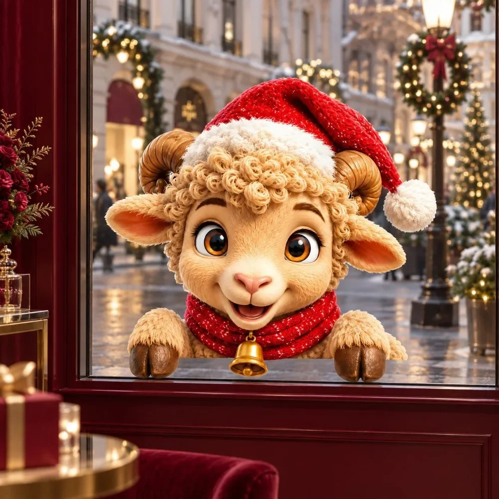 Sheep Window Display Christmas Sheep Static Window Cling Cute Santa Hat Lamb Glass Stickers ...