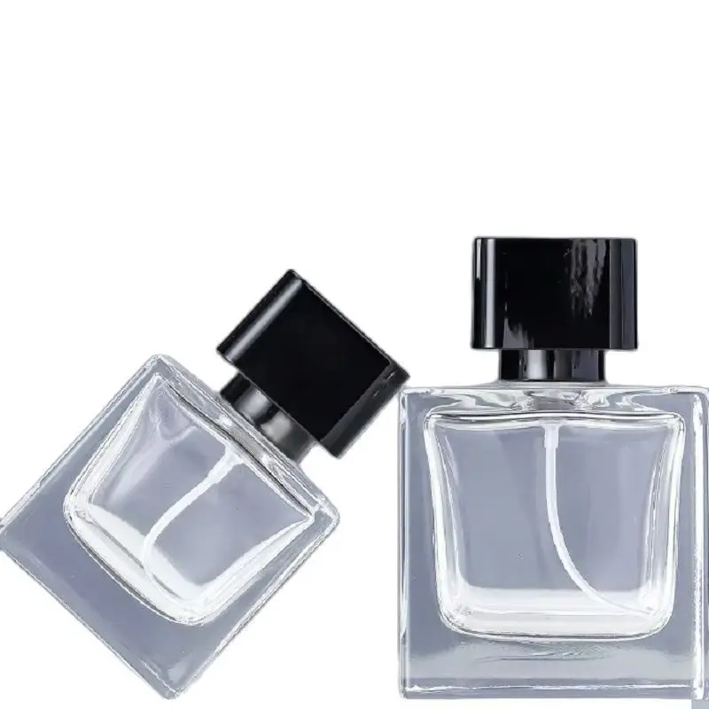 

6pcs Glass Atomizer 50ml 100ml Empty Square Transparent Bottom Cosmetic Packaging Black Crimp Pump Mist Spray Perfume Bottles
