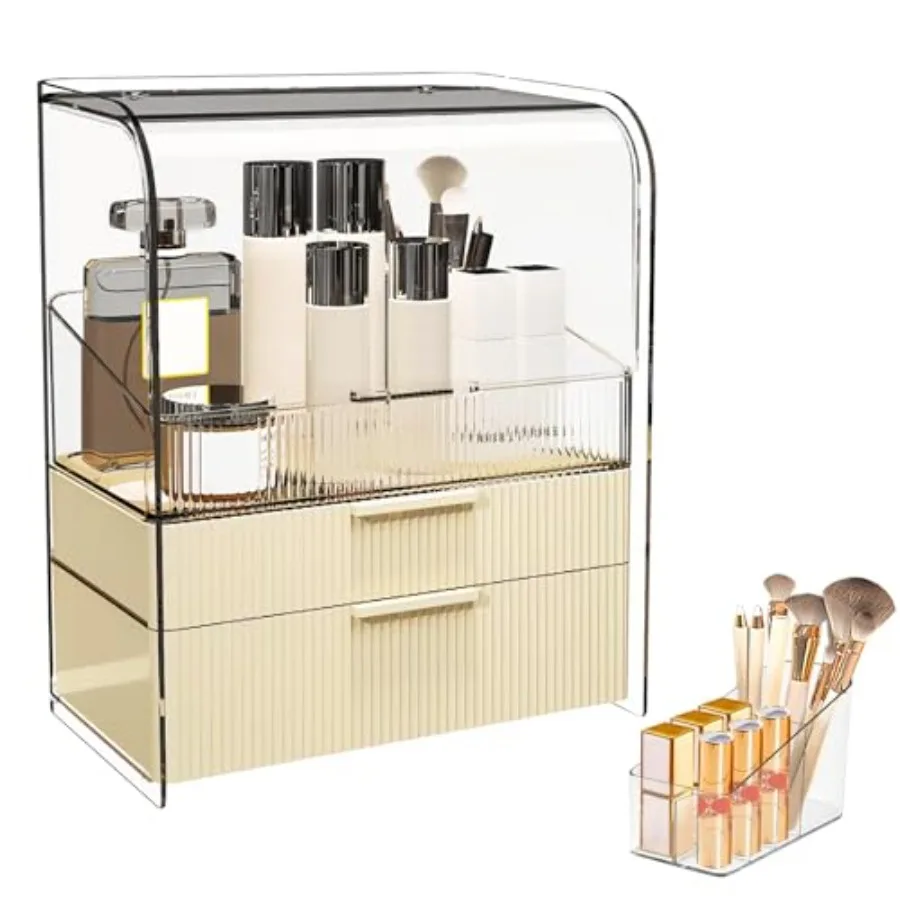

Кремовый пылезащитный трехслойный органайзер для кистей для макияжа, вместительный настольный ящик для хранения с выдвижным ящиком для профессионалов красоты