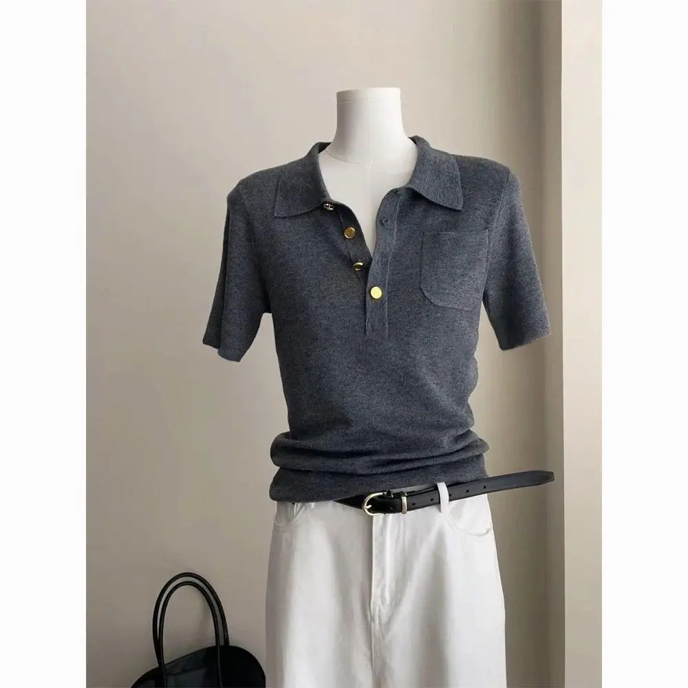 

French Polo Collar Grey Short Sleeve Knitted Sweater Women Summer Short Style Ice Silk Shoulder T-Shirt Top
