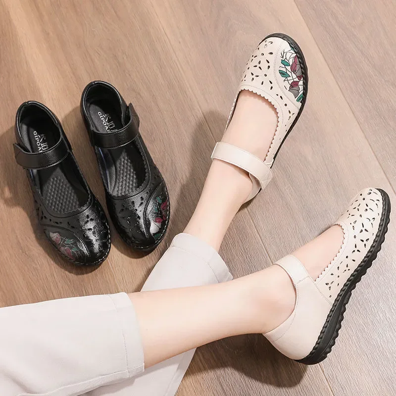 GKTINOO 2024 New Spring Summer Hollow Genuine Leather Shoes Flat Sandals Casual Fashion Shoes Comfortable Mom Shoes Woman Flats