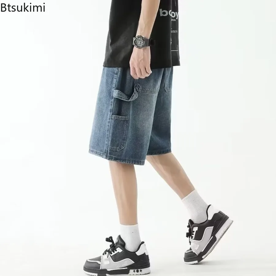 

Summer Jeans Men Shorts Korean Fashion Wide Leg Straight Casual Denim Shorts Men's Vintage Multi-pockets Loose Fit Cargo Shorts