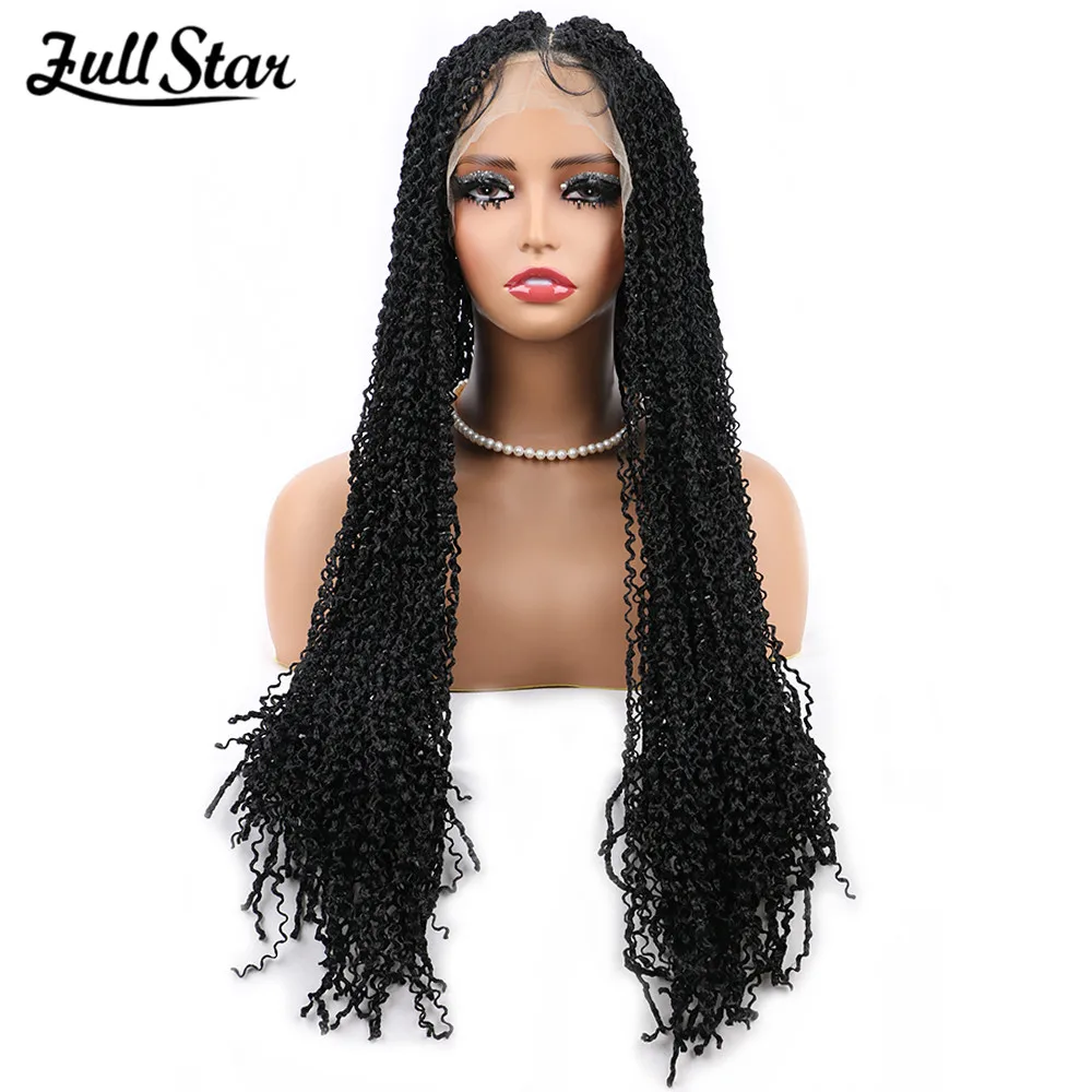 Full Star 28” Double Lace Front Square Knotless Locs  Zizi Curly Wigs With Baby Hair for Black Women Loc Braid Wig