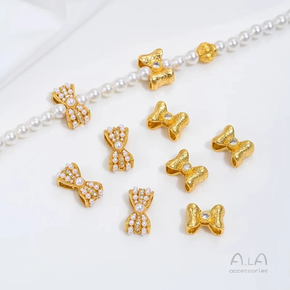 Gold Tone Plated Hammer Texture Stereo Bowknot Loose Spacer Beads Inlaid Pearl For Handmade Beading Craft Supplies