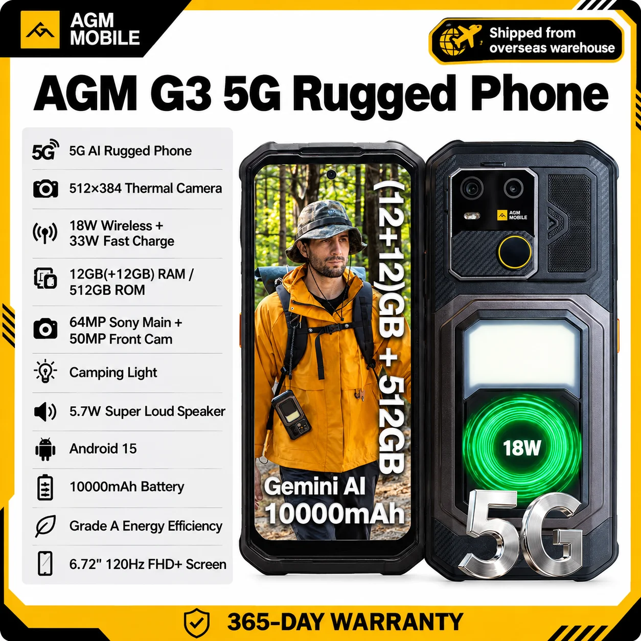 AGM G3 Rugged Phone 5G, Dimensity 7300, 10000mAh, IP68 Waterproof, Wireless Charging, Camping Light, 24（12+12）GB+512GB）