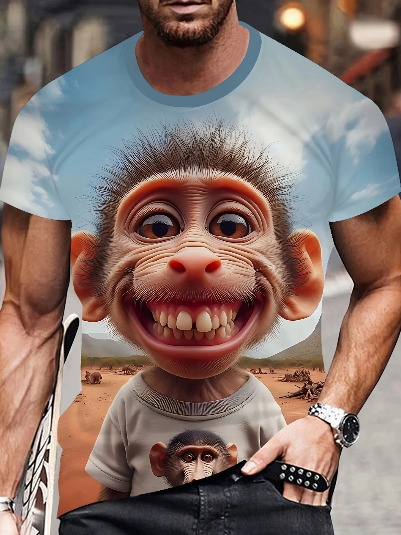 

3D Monkey Print Men's Trendy Color Block Short Sleeve Crew Neck T-shirt, Summer Outdoor