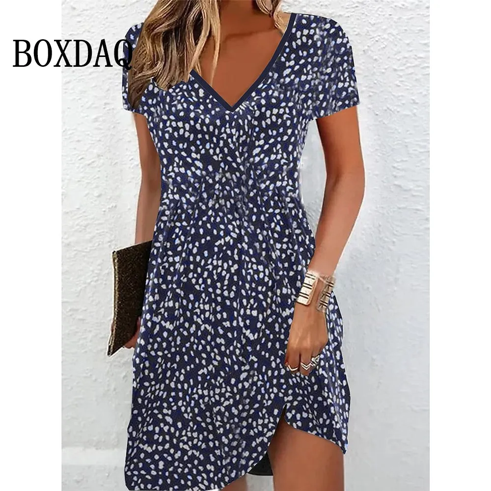 Women's Fashion Short Sleeve Casual Dress Summer Pullover Floral Print V Neck Midi Dress Loose Plus Size Female Clothes Sundress