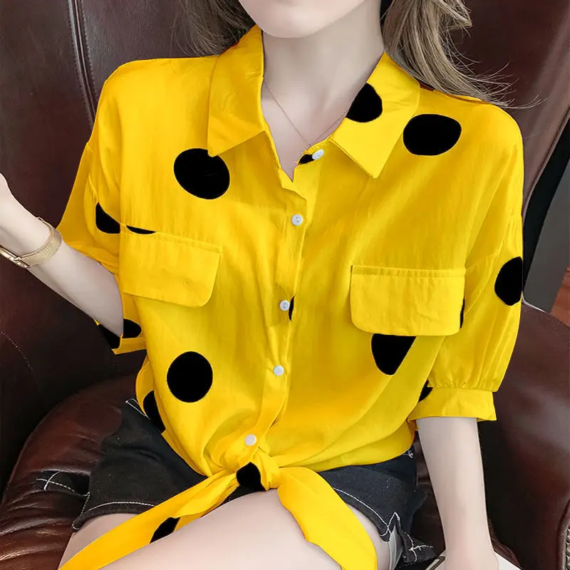 Fashion Lapel Loose Bandage Bow Polka Dot Shirt Women\'s Clothing 2023 Summer New Oversized Casual Tops Half Sleeve Korean Blouse