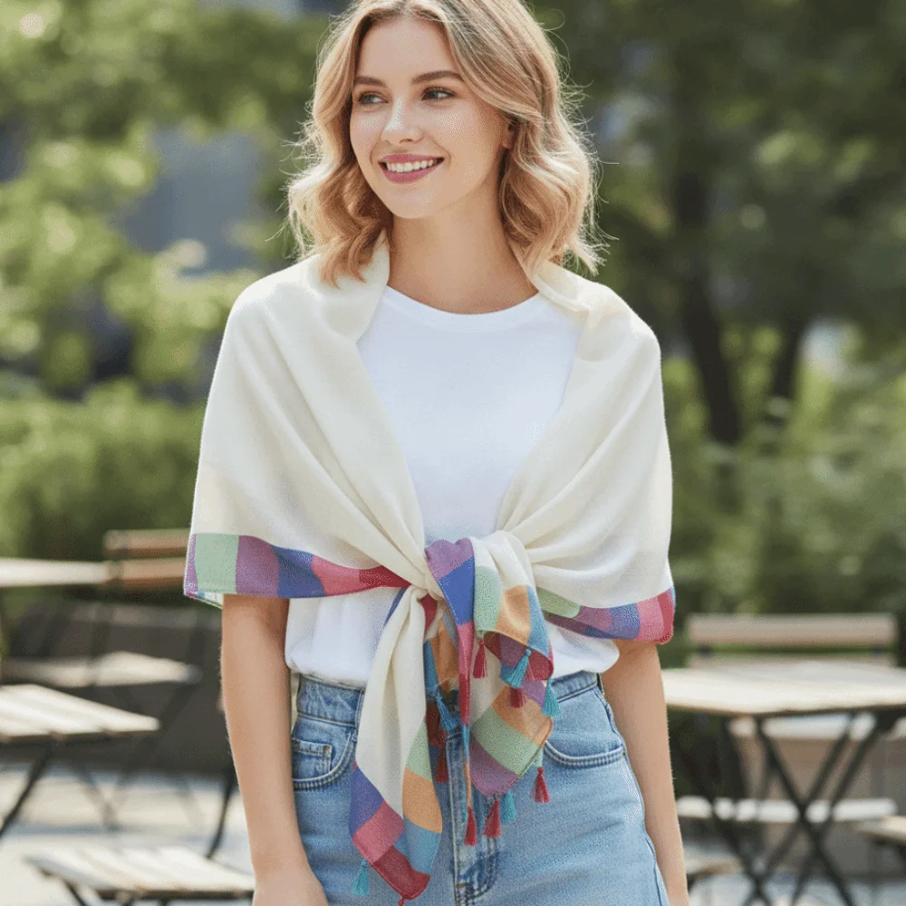 

New Rainbow Border Gauze Shawl Soft Draped Tassel Edge Beach Scarf Lightweight Colorful Trim Tassel Shawl Women Fashion
