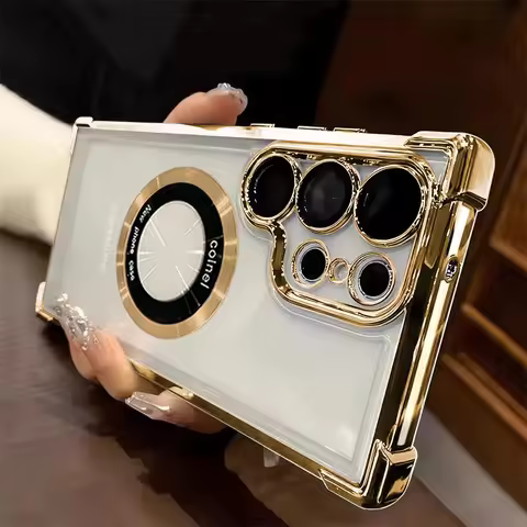 Luxury Plating Magnetic Clear Case For Samsung Galaxy S25 S24 Ultra S23 FE S22 Plus S21 Note 20 Shockproof Lens Protection Cover