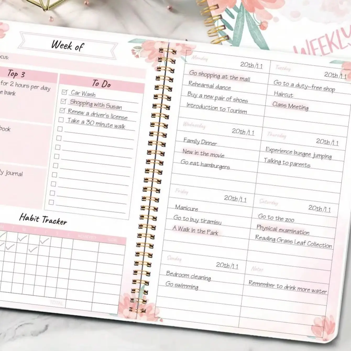 1Pc Floral Weekly Planner, Spiral Bound Undated Weekly Schedule Book with to Do List & Habit Tracker, 8 X 5.8 in