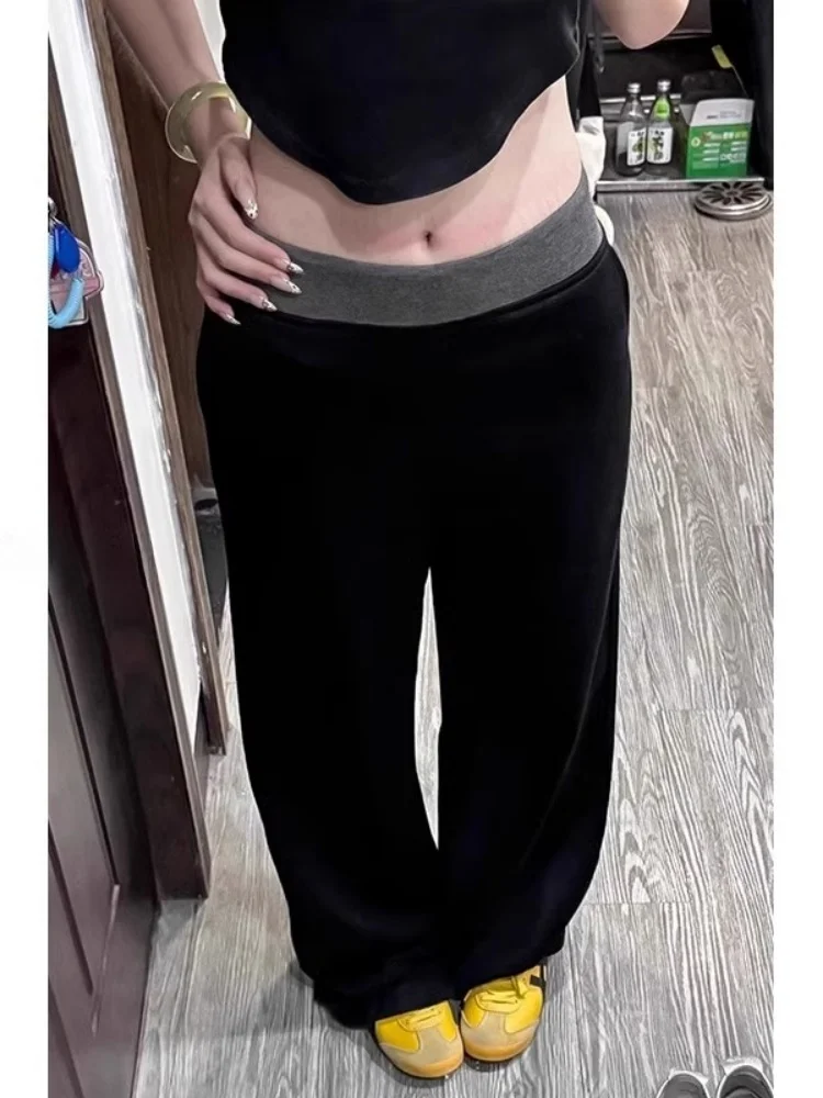 Black Spliced Fleece Lined Casual Pants Women's Autumn Winter Loose plus Size Slimming Wide Leg Sports Sweatpants