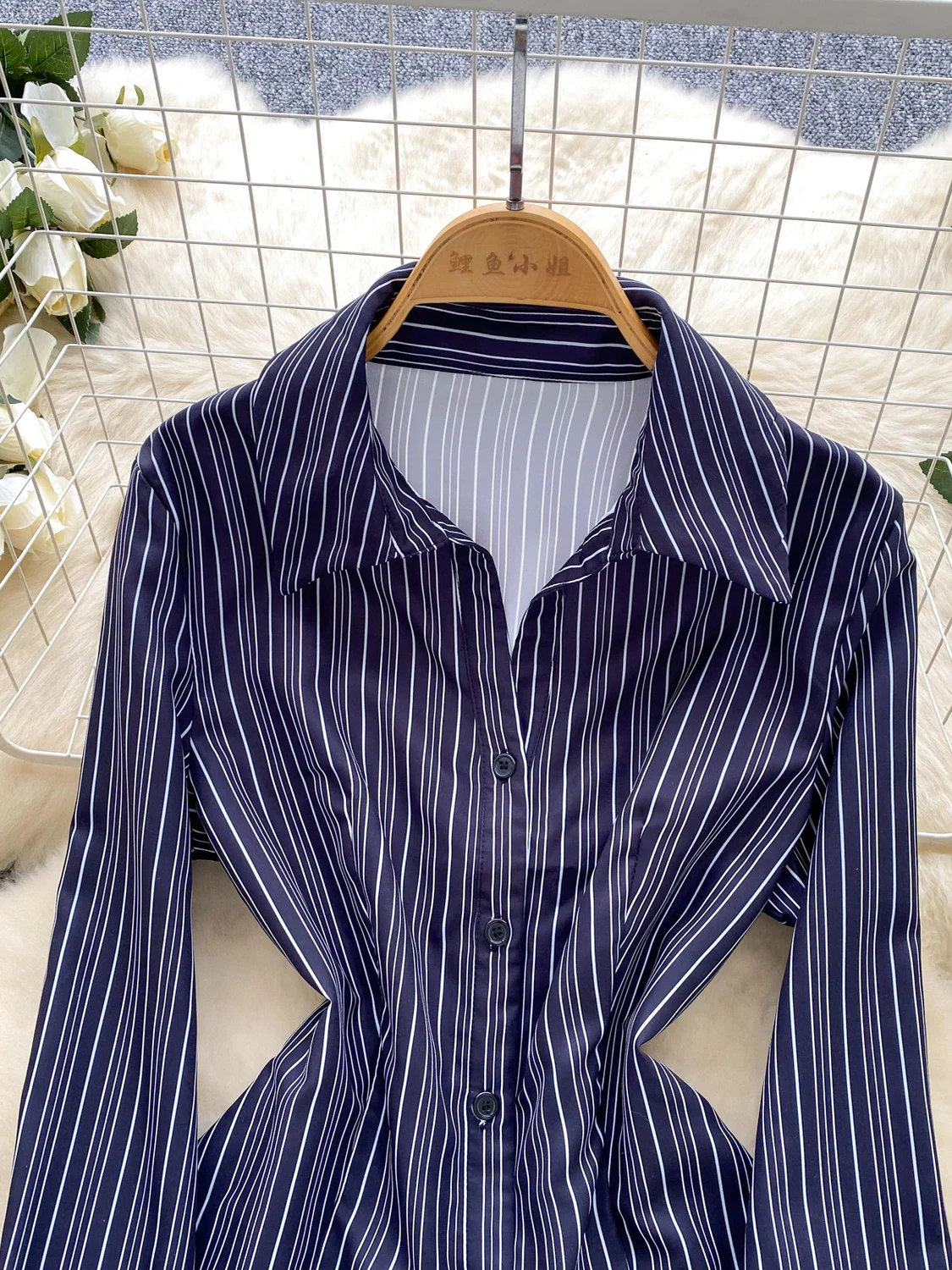 Faionable Striped Long Sve da donna irt Commute Sle Slim Fit Color Blo irt Fibra di poliestere traspirante Versione coreana