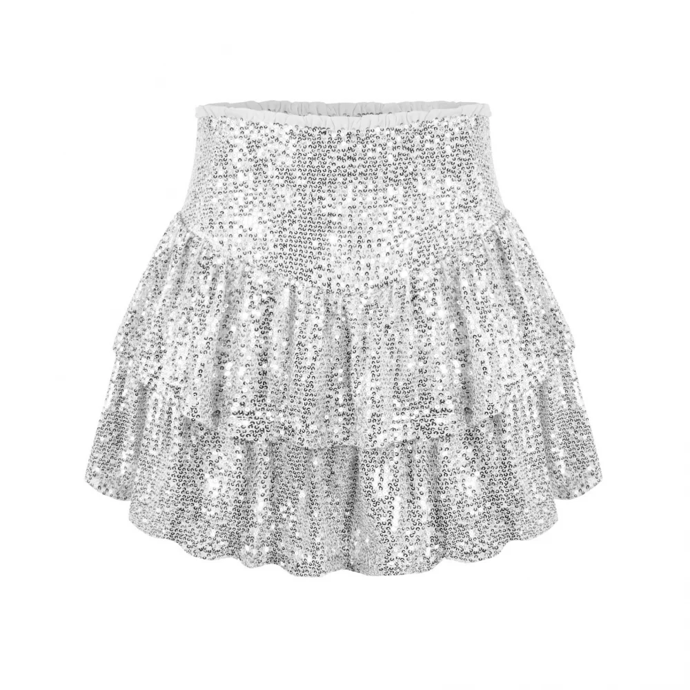 Sexy Mini Skirt Women High Waist Solid Color Pleated Skirt Sparkling Bright Sequins Layer Ruffle Hem Short Skirt Streetwear