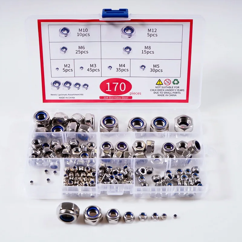 

Nylon Hex Lock Nut Set 304 Stainless Steel Locknut M2-M12 Hexagonal Self Nylon locking Nut Assortment Kit 170/385/120/127/240pcs