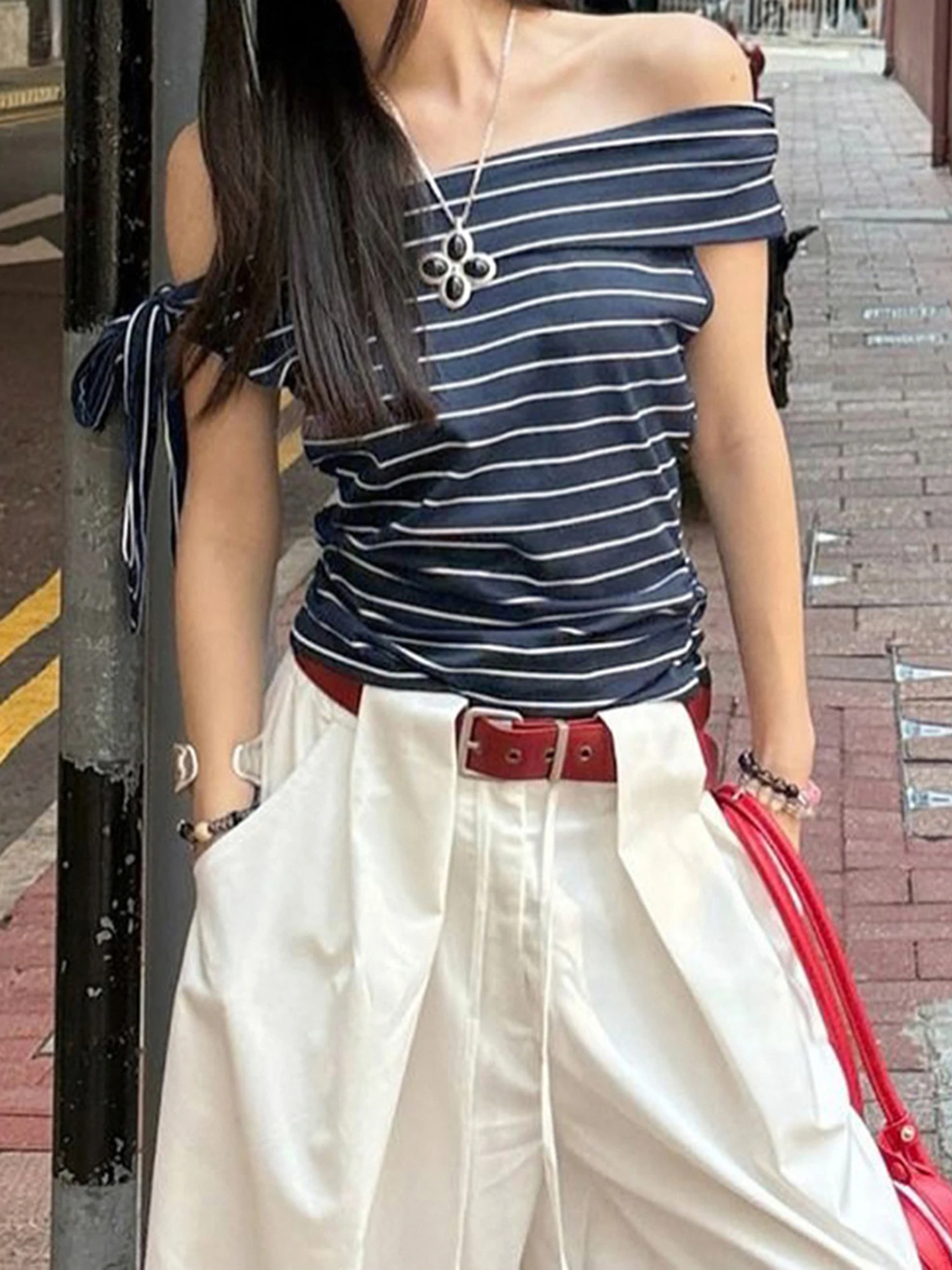 

Women s Striped Off Shoulder Crop Top with Side Tie-up and Backless Design - Short Sleeve Fitted T-Shirt for a Stylish Look