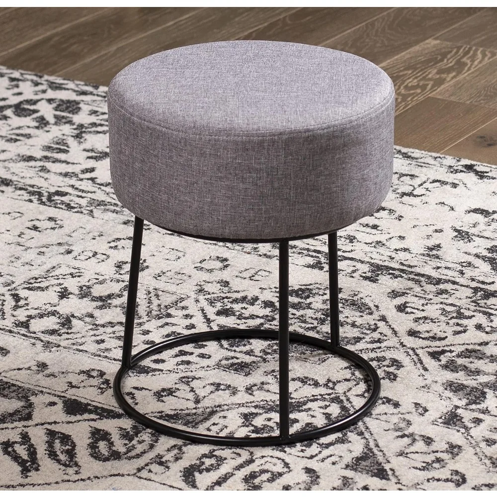 مسند للقدمين من الكتان - كرسي منجد بأرجل معدنية سوداء - مقعد دائري مبطن ناعم لغرفة المعيشة