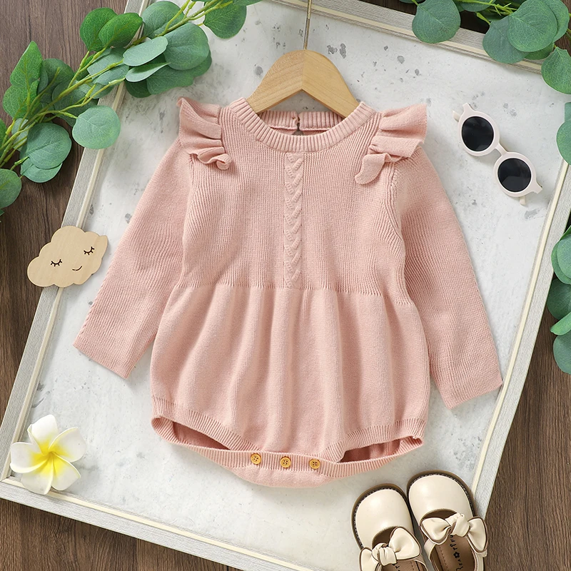 

Baby Girls Bodysuits Clothes Autumn Winter Warm Knitted Newborn Pink Cotton Long Sleeve Onesie Jumpsuits One Piece Outfits 0-18m