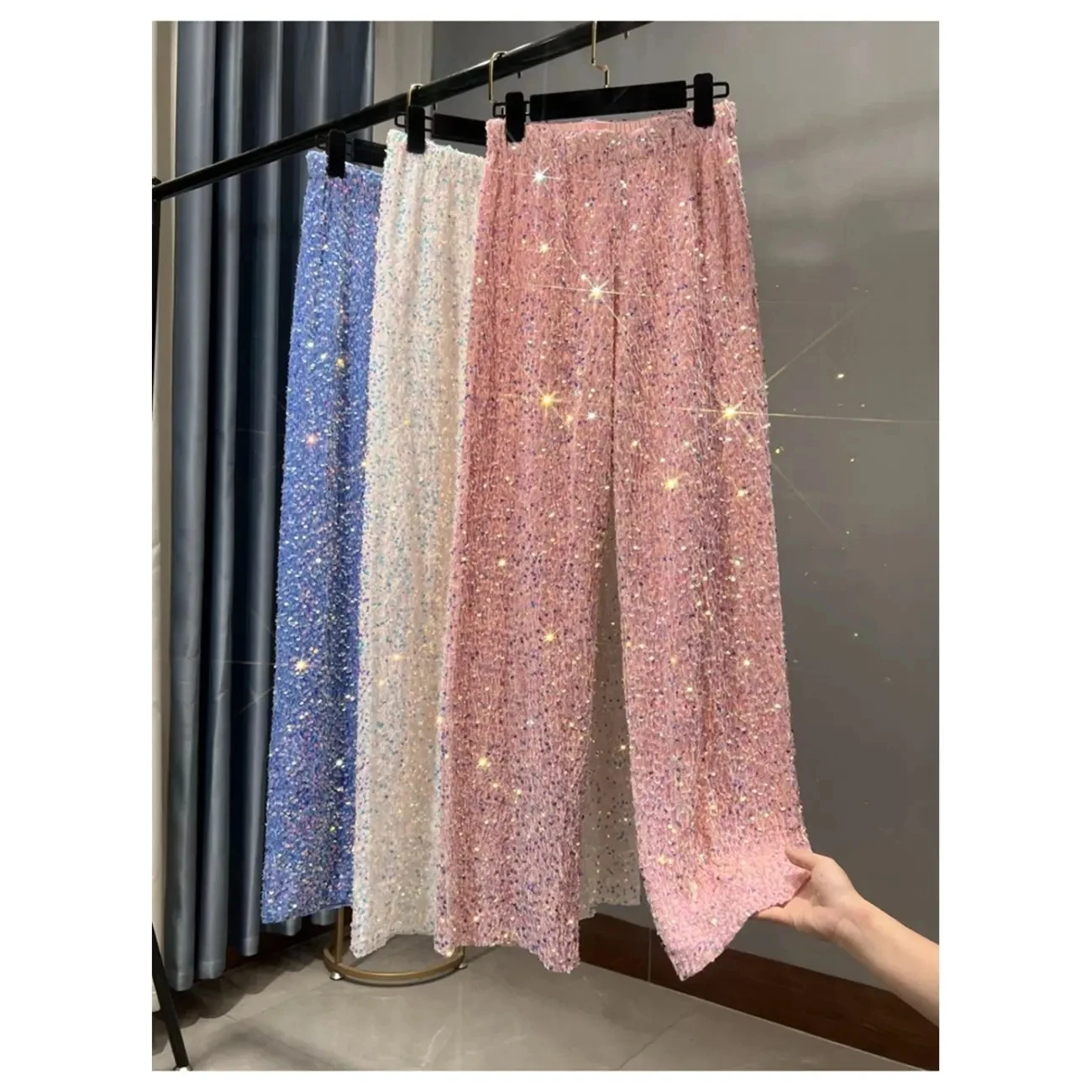 

Korean Velvet Sequined Wide-leg Pants Summer Spring Beaded Pants Shiny Casual Straight Pants 2025 Women Heavy Industry Trousers