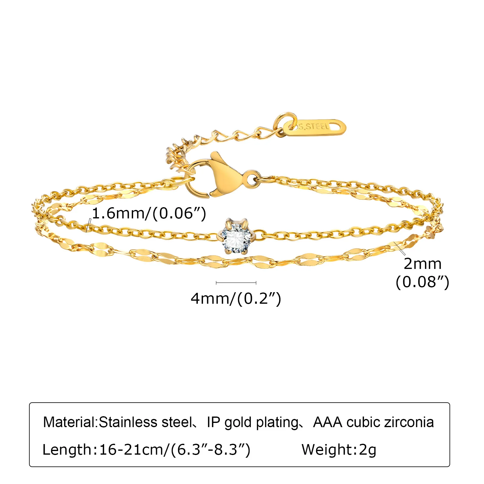 Vnox Delicate CZ Stone Chain Bracelets for Women Men, Slim Double Links Chain Japan&Korea Style Wristband Birthday Gifts Jewelry