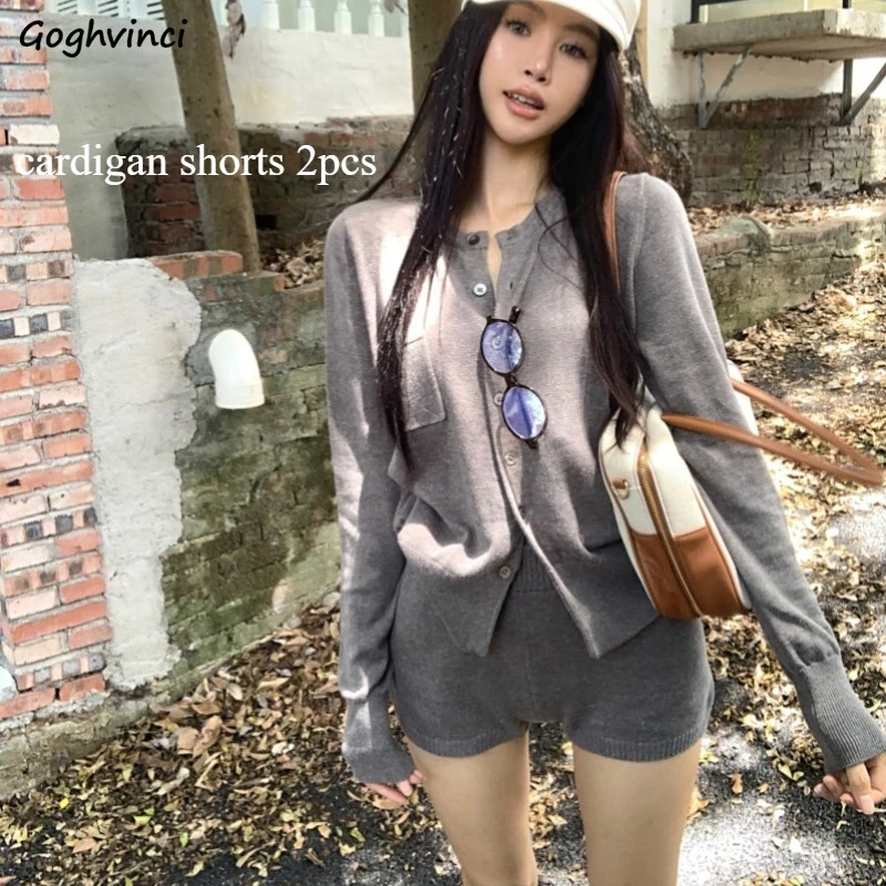 

Короткие комплекты женский вязаный облегающий кардиган однотонный с напуском повседневный 2 шт. модный осенний простой классический популярный Harajuku корейский стиль