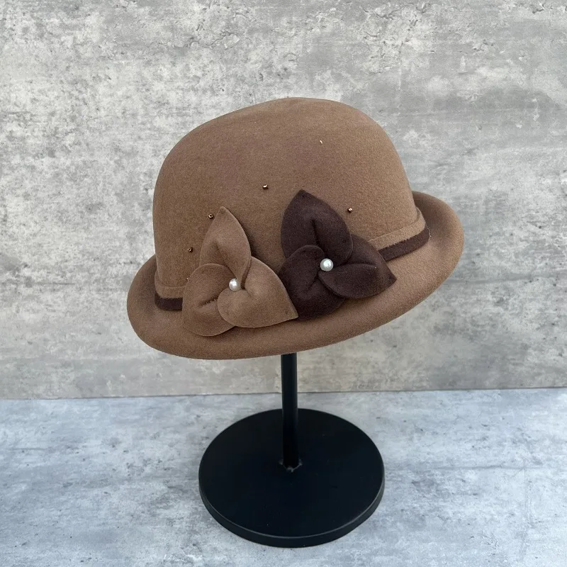 Women's Autumn Winter Wool Bucket Hat Round Top Vintage Floral British Style Cap