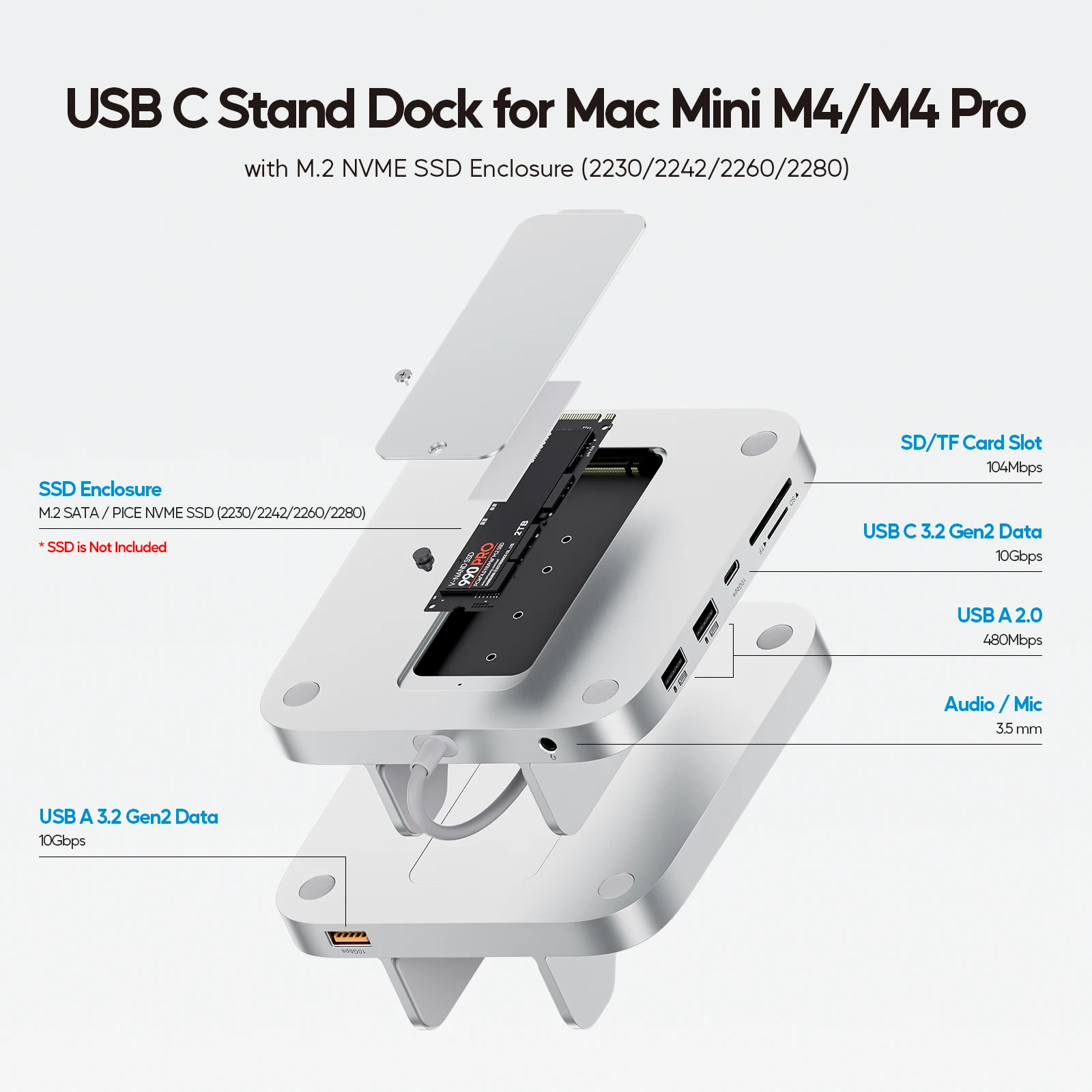 PULWTOP Mac Mini M4 Dock Stand with M.2 SSD Enclosure, USB A/C 10 Gbps, USB A 2.0, SD/TF, Audio for Mini M6, M5 Pro, M4/M4 Pro
