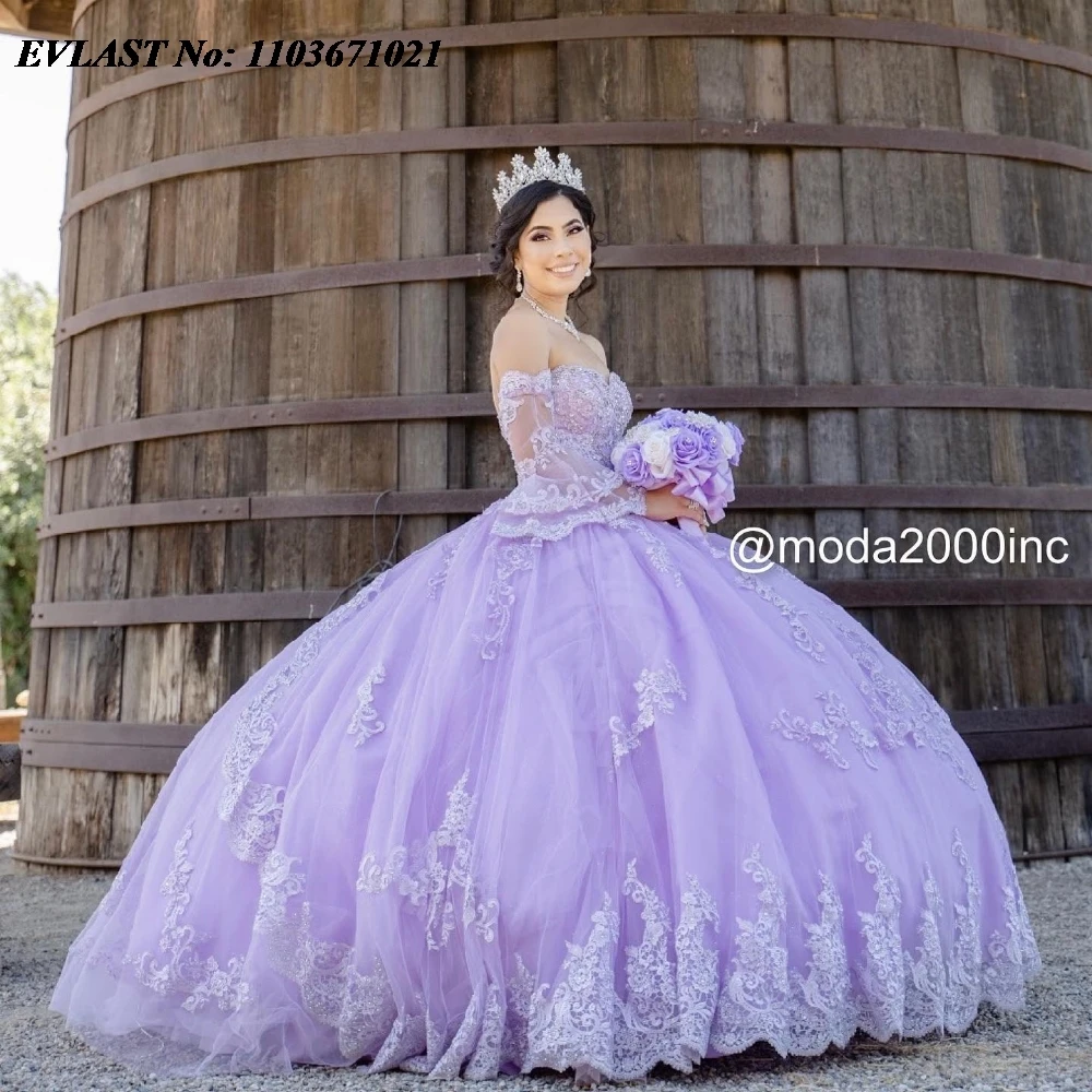 

EVLAST Customized Lavender Lilac Quinceanera Dress Ball Gown Lace Applique Mexico Corset Sweet 16 Vestidos De 15 Anos SQ585