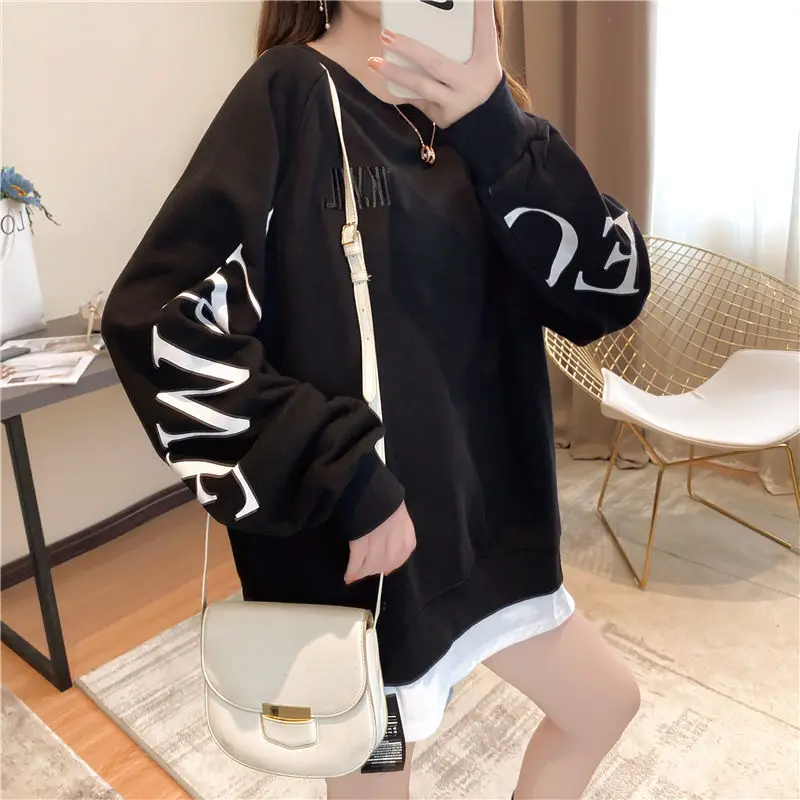 Korean Fake Two Piece Loose Hoodies Long Sleeve O-neck Print Letter Patchwork Trend Pullovers Tops Fashion Casual Women Clothing