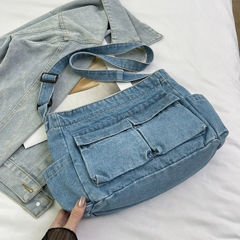 

Causal Canvas Denim Messenger Bag Harajuku Blue Commuting Shoulder Pouch Multiple Pockets Korean Style Underarm Bag Shopping