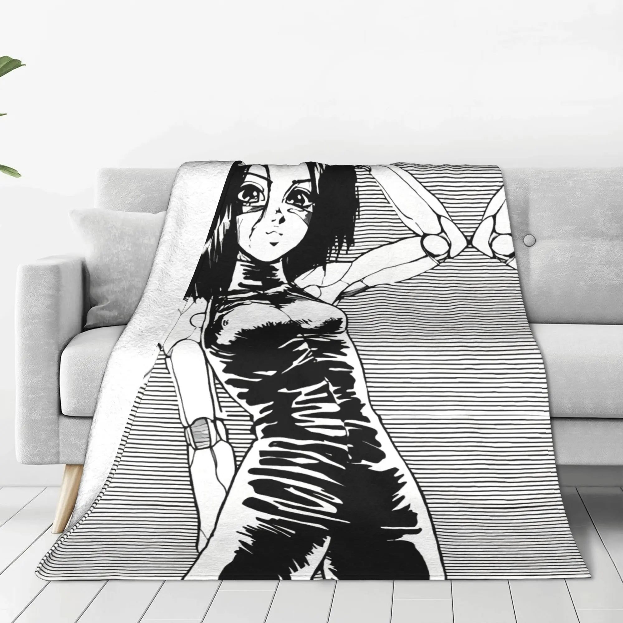 1PC Home Cutecore Black White Sci Fi Manga  Battle Angel Alita Blanket Super Cosy Plush Home Living Room Sofa Halloween