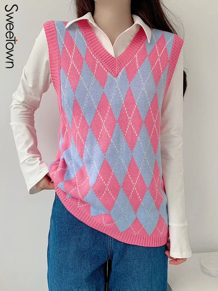 Sweetown Sleeveless Knit Argyle Plaid Jumpers For Women 2022 Preppy Style Pink Sweet Sweater Vest V Neck Kawaii Korean Clothes