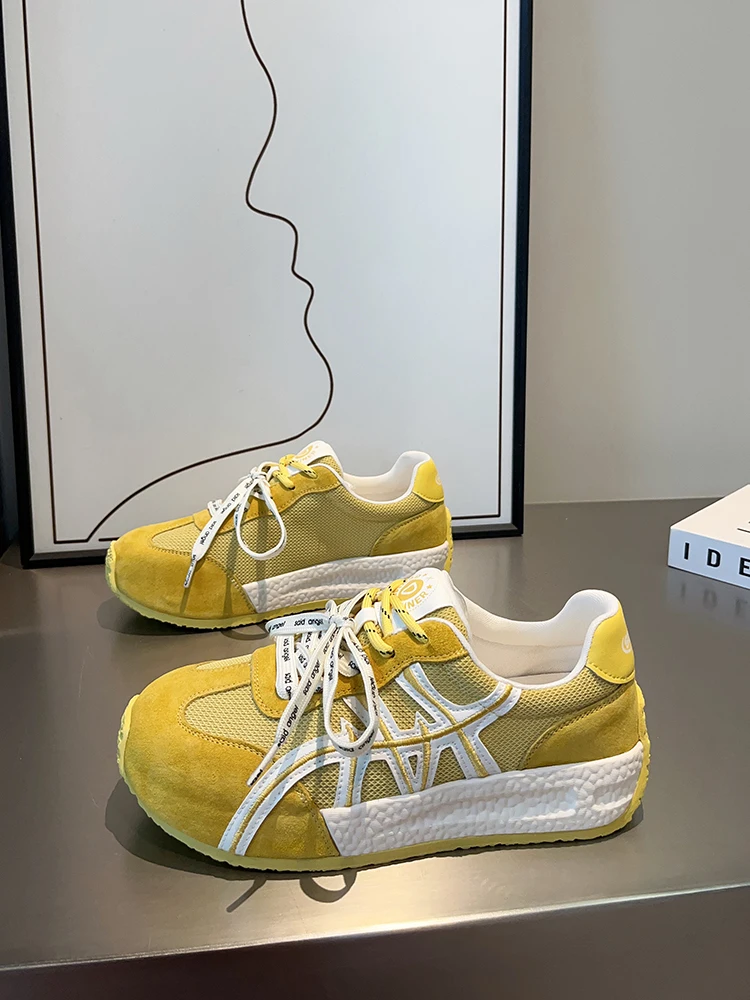 yellow-mesh-breathable-casual-shoes-dequan-style-sporty-flat-heel-comfortable-summer-new-women's-shoe-cross-tie-durable-rubber