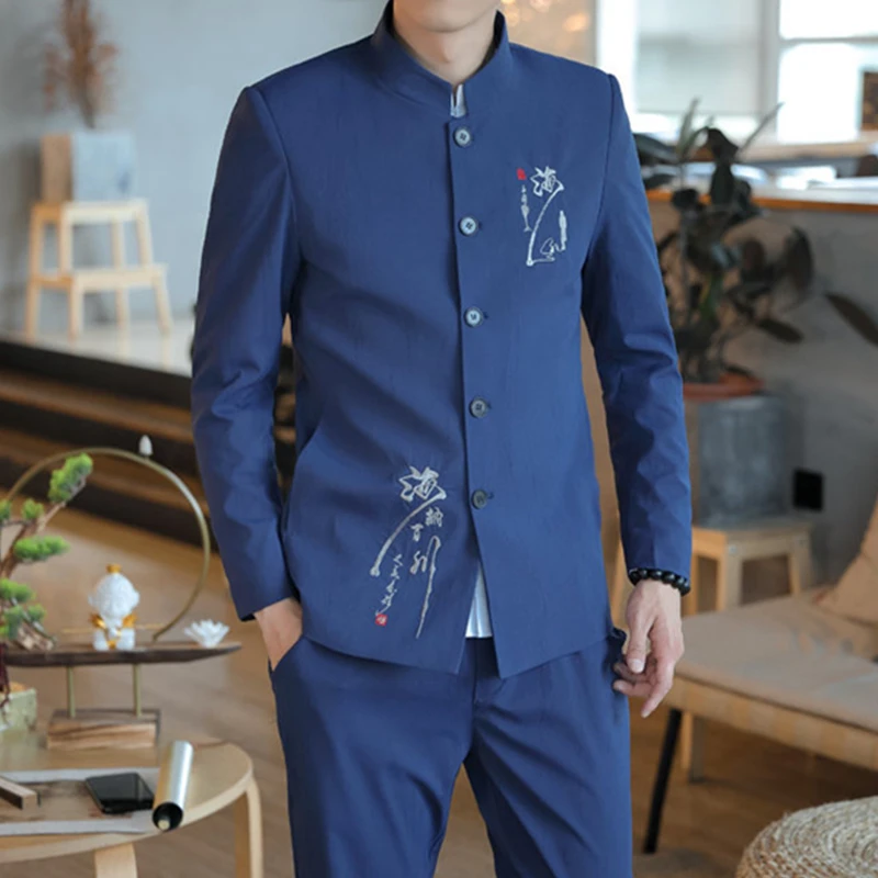 2023 New Men\'s Four Seasons Casual Suit Two Pieces Set Embroidered Chinese Style Wedding Performance Flax Blazers Jacket Pants