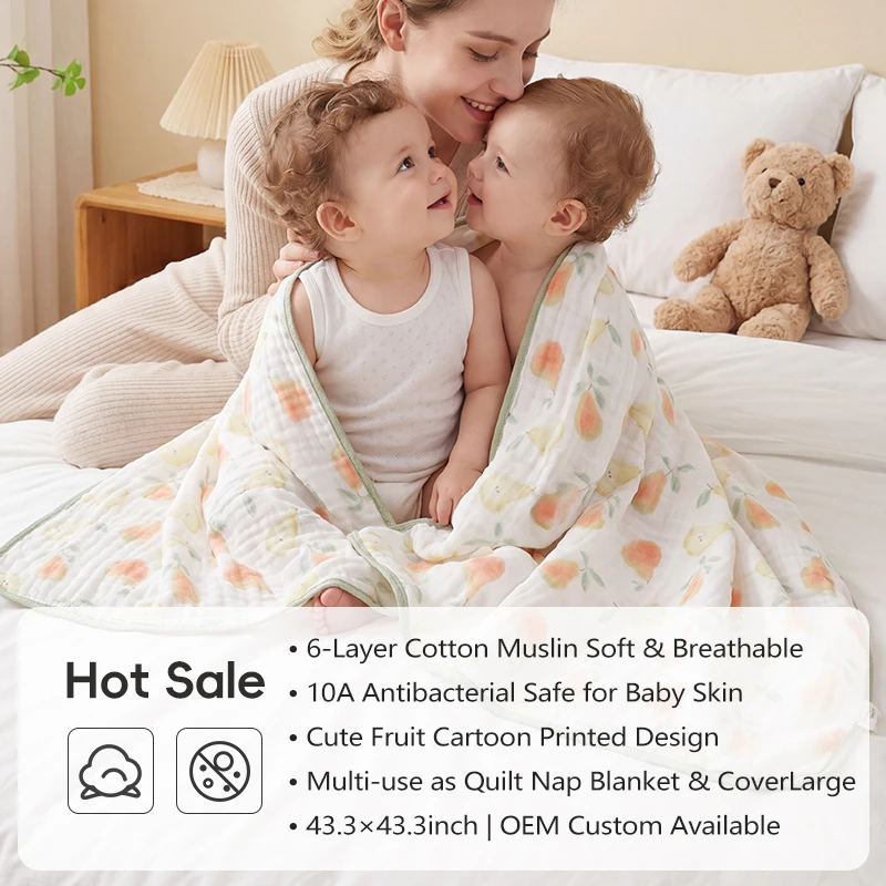 All Season 6-Layer Bubble Gauze Baby Quilt Soft Bamboo Cotton Muslin Blanket Fruit Series Newborn Swaddle Wrap Children Bedding