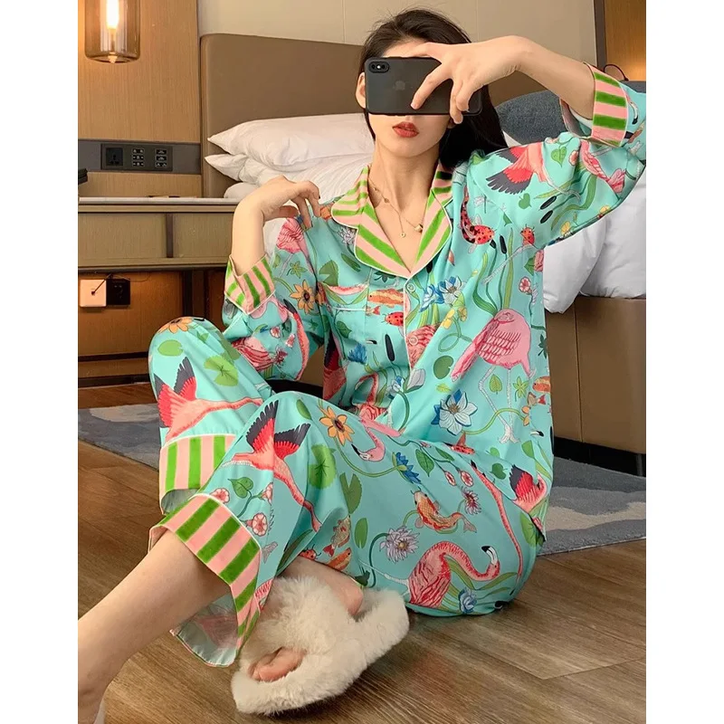 Women\'s Pajamas Sets Spring Autumn 2 Piece Animal Print Pyjama Faux Silk Satin Sleepwear Long Sleeve Pijama Mujer Pjs Homewear