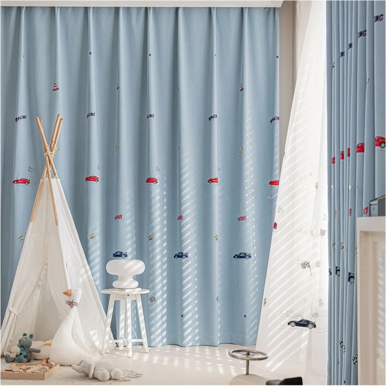 

Cute and Cozy Snow and Wind Neil's Playful Car Embroidery Blackout Curtains Cartoon Style Children's Room Bedroom Study