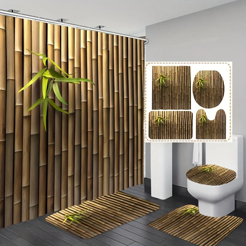 1/3/4PCs bamboo printed shower curtain set, waterproof shower curtains with 12 hooks, non slip carpet, toilet lid mat, U-shaped