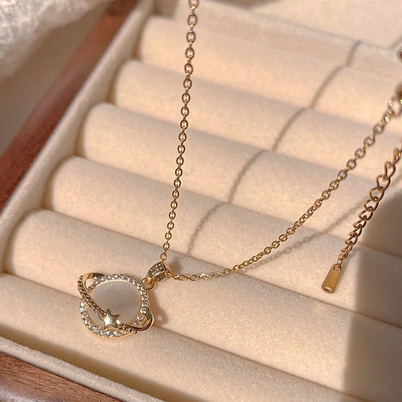 New Trendy 14K Real Gold Plated Planet Opal Necklaces for Women High Quality Jewelry AAA Zircon Titanium Steel Chain Gift