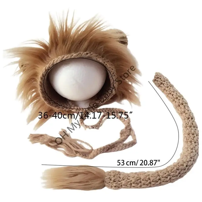 M76C 2 Pcs Baby Props Lion Hat Tail Set Newborn Photography Costumes Knitted Outfits