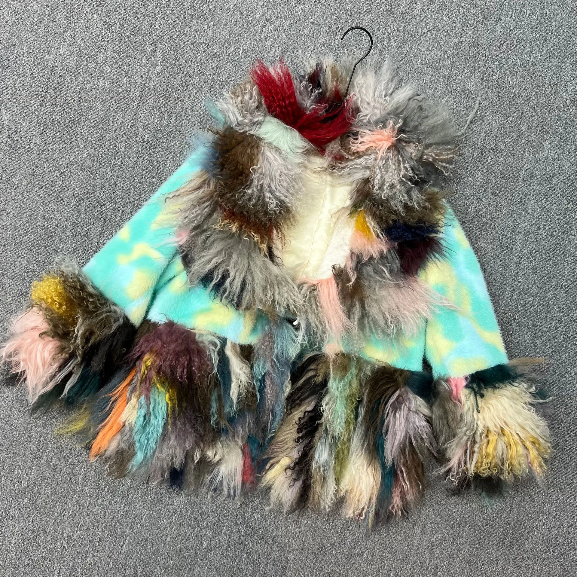 2025 outono inverno nova moda cor-bloco de comprimento médio falso pele de vison retalhos multicolorido engrossado quente elegante casaco de pele do falso