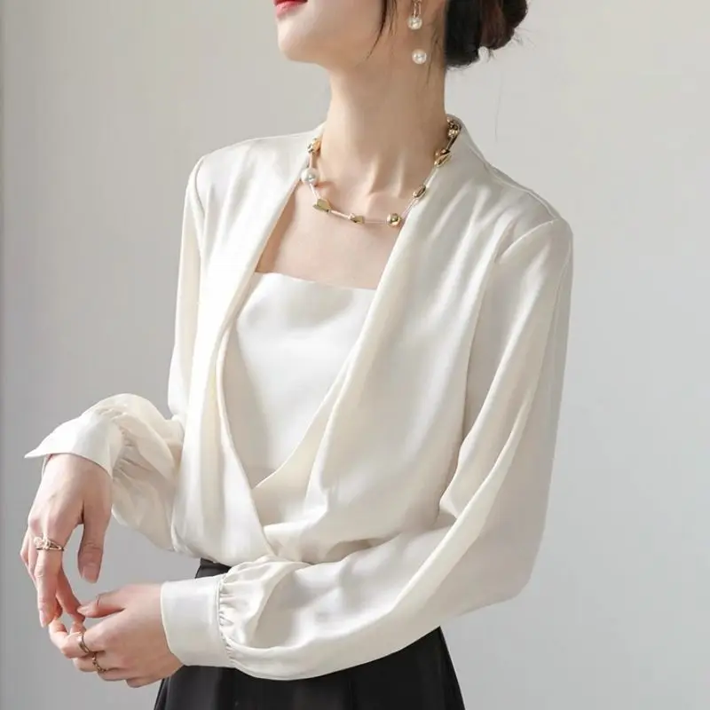 Spring Autumn Solid Color New Blouse Women V-neck Long Sleeve Fashion Satin Face Pullovers Elegant Button Pleated Chic Tops